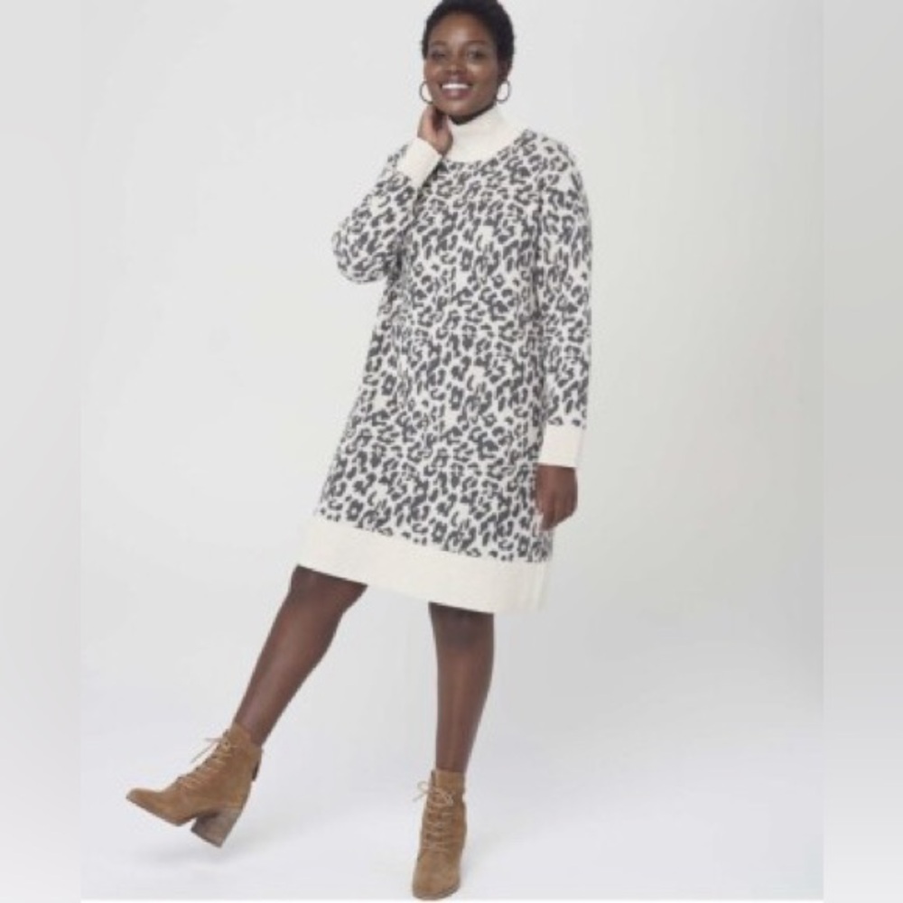 LOFT Leopard Knit Turtleneck Sweater Dress